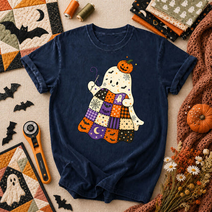 Halloween Patchwork Ghost With Pumpkin T-Shirt - Navy