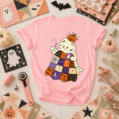 Halloween Patchwork Ghost With Pumpkin T-Shirt - Pink