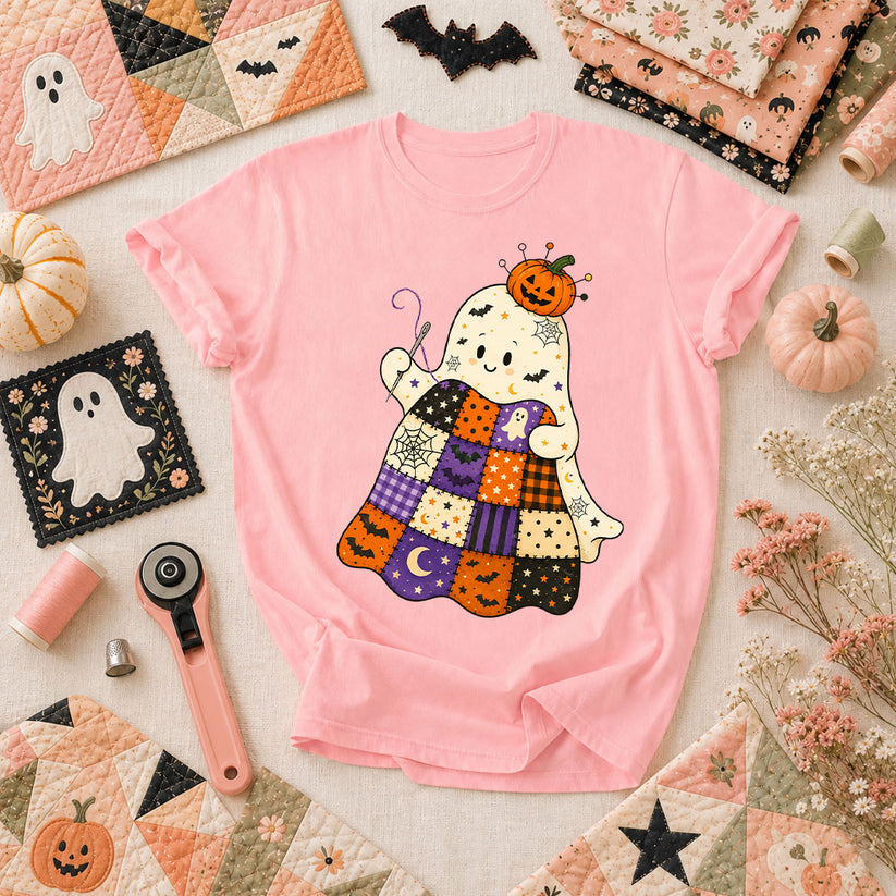 Halloween Patchwork Ghost With Pumpkin T-Shirt - Pink