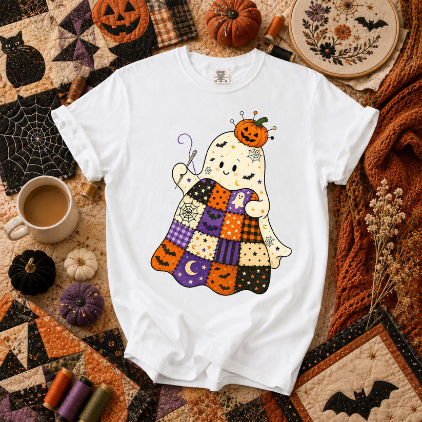 Halloween Patchwork Ghost With Pumpkin T-Shirt - White