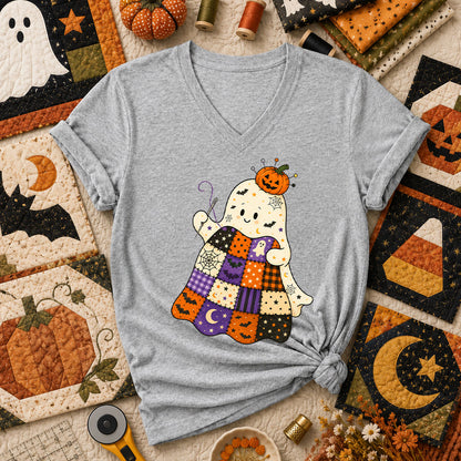 Halloween Patchwork Ghost With Pumpkin Women's V-Neck - Athletic Heather