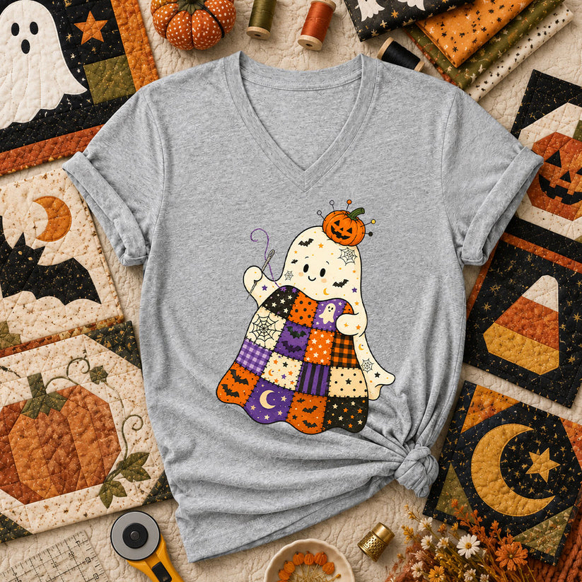 Halloween Patchwork Ghost With Pumpkin Women's V-Neck - Athletic Heather