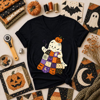 Halloween Patchwork Ghost With Pumpkin Women's V-Neck - Black