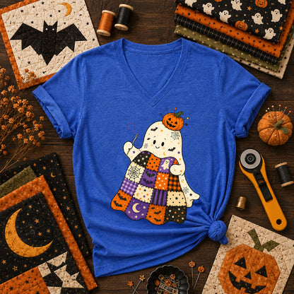 Halloween Patchwork Ghost With Pumpkin Women's V-Neck - Heather True Royal