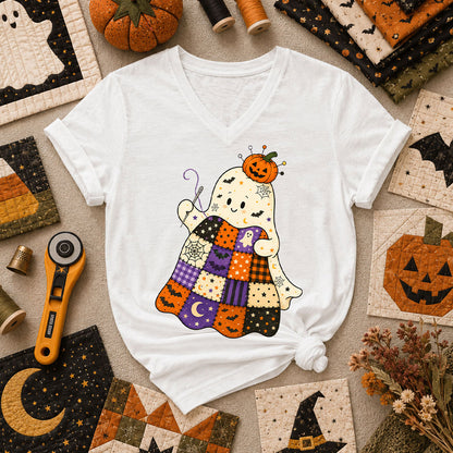 Halloween Patchwork Ghost With Pumpkin Women's V-Neck - White