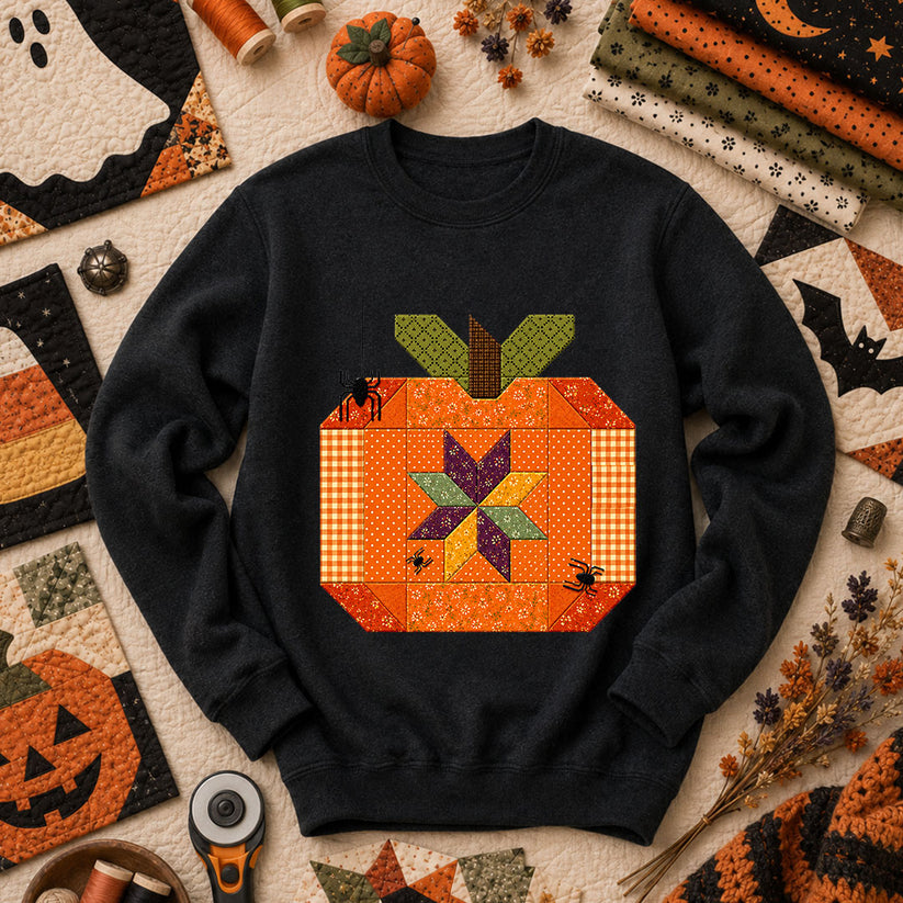 Halloween Patchwork Pumpkin With Spiders Long Sleeve - Black