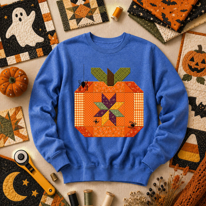 Halloween Patchwork Pumpkin With Spiders Long Sleeve - Heather True Royal