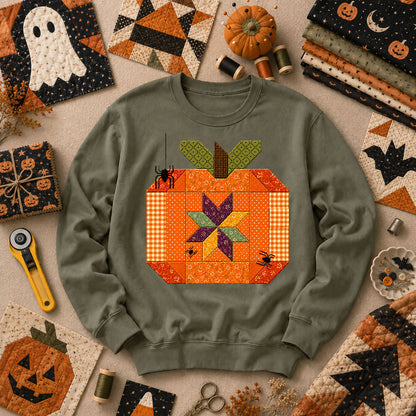 Halloween Patchwork Pumpkin With Spiders Long Sleeve - Military Green