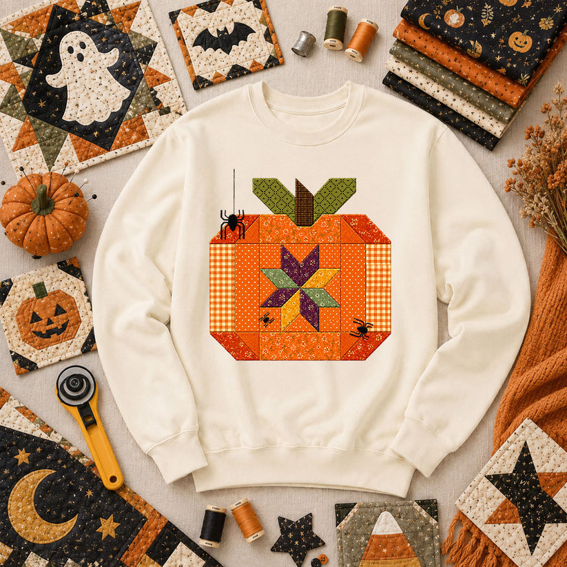Halloween Patchwork Pumpkin With Spiders Long Sleeve - Natural