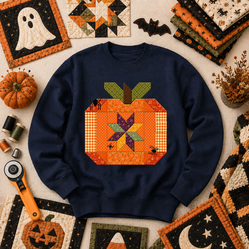 Halloween Patchwork Pumpkin With Spiders Long Sleeve - Navy