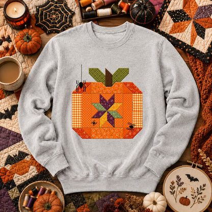 Halloween Patchwork Pumpkin With Spiders Long Sleeve - Sport Grey