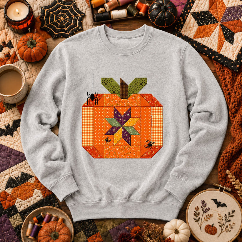 Halloween Patchwork Pumpkin With Spiders Long Sleeve - Sport Grey