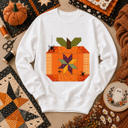 Halloween Patchwork Pumpkin With Spiders Long Sleeve - White