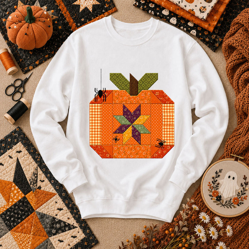 Halloween Patchwork Pumpkin With Spiders Long Sleeve - White