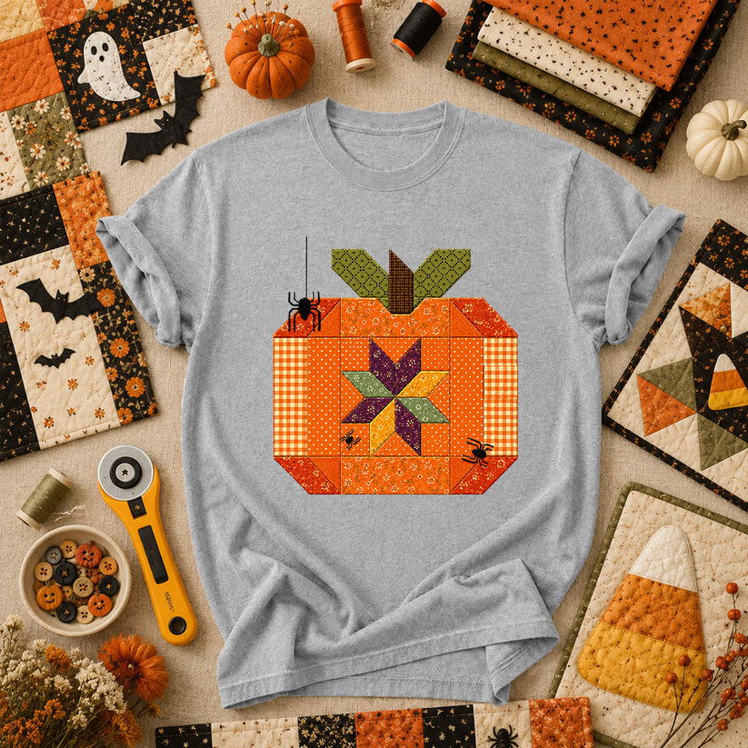 Halloween Patchwork Pumpkin With Spiders T-Shirt - Athletic Heather