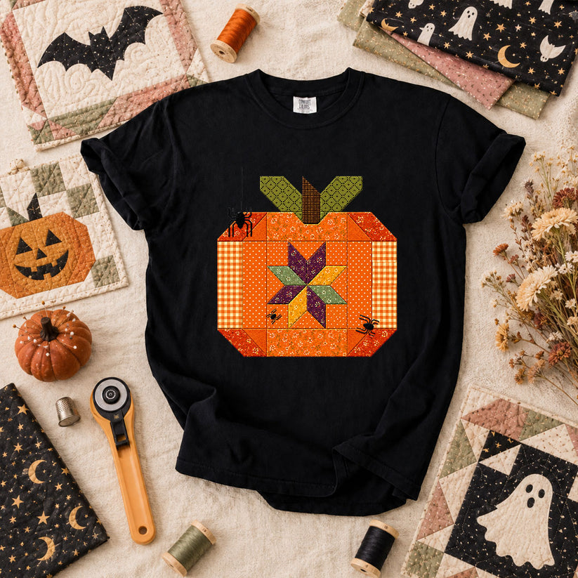 Halloween Patchwork Pumpkin With Spiders T-Shirt - Black