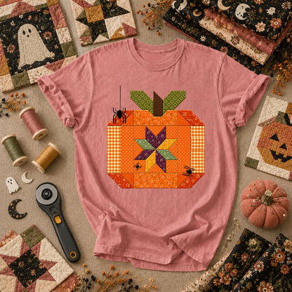 Halloween Patchwork Pumpkin With Spiders T-Shirt - Heather Mauve