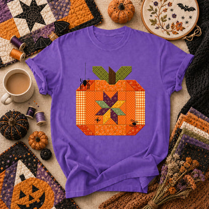 Halloween Patchwork Pumpkin With Spiders T-Shirt - Heather Team Purple