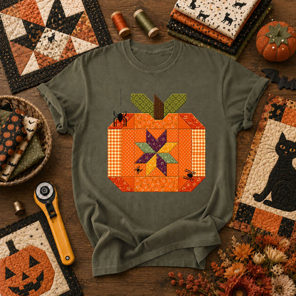 Halloween Patchwork Pumpkin With Spiders T-Shirt - Military Green
