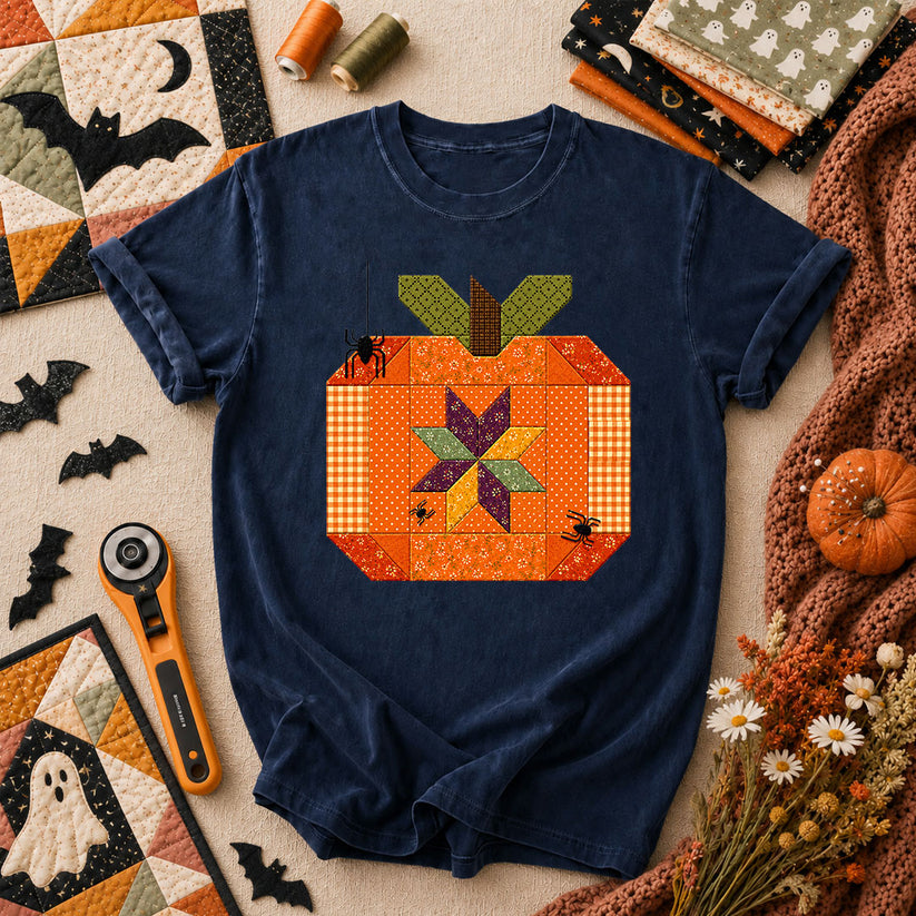Halloween Patchwork Pumpkin With Spiders T-Shirt - Navy