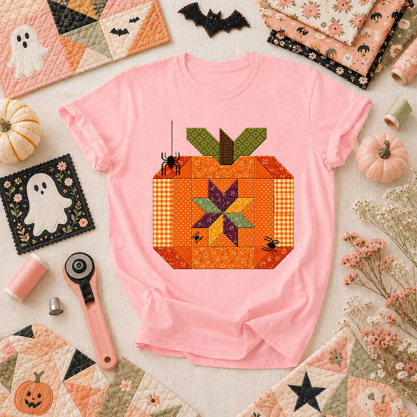 Halloween Patchwork Pumpkin With Spiders T-Shirt - Pink