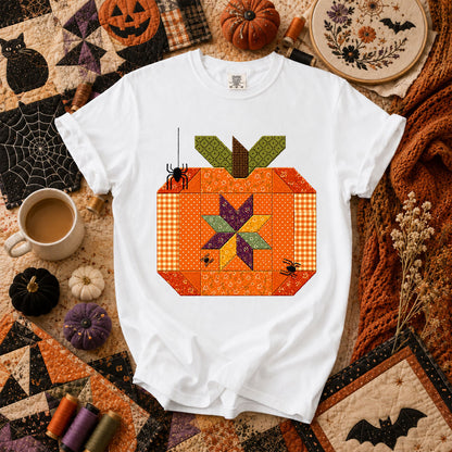 Halloween Patchwork Pumpkin With Spiders T-Shirt - White