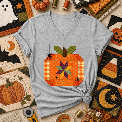 Halloween Patchwork Pumpkin With Spiders Women's V-Neck - Athletic Heather