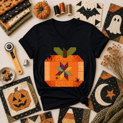 Halloween Patchwork Pumpkin With Spiders Women's V-Neck - Black