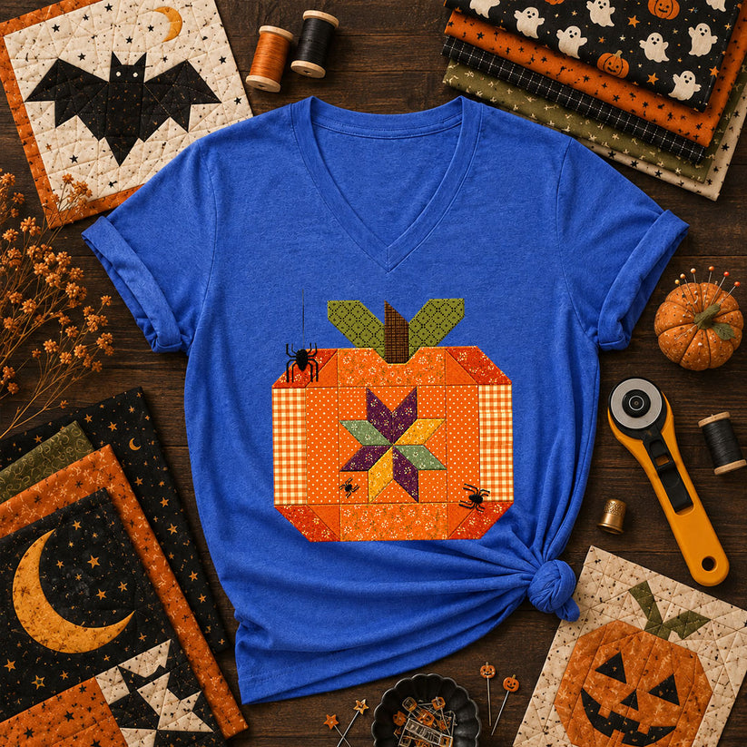 Halloween Patchwork Pumpkin With Spiders Women's V-Neck - Heather True Royal