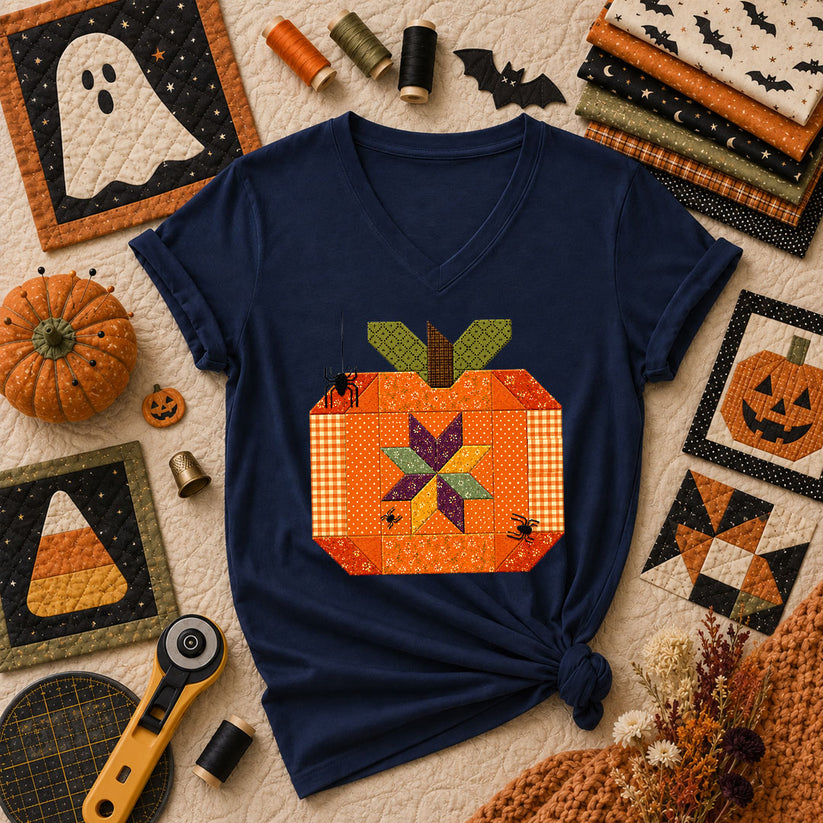 Halloween Patchwork Pumpkin With Spiders Women's V-Neck - Navy