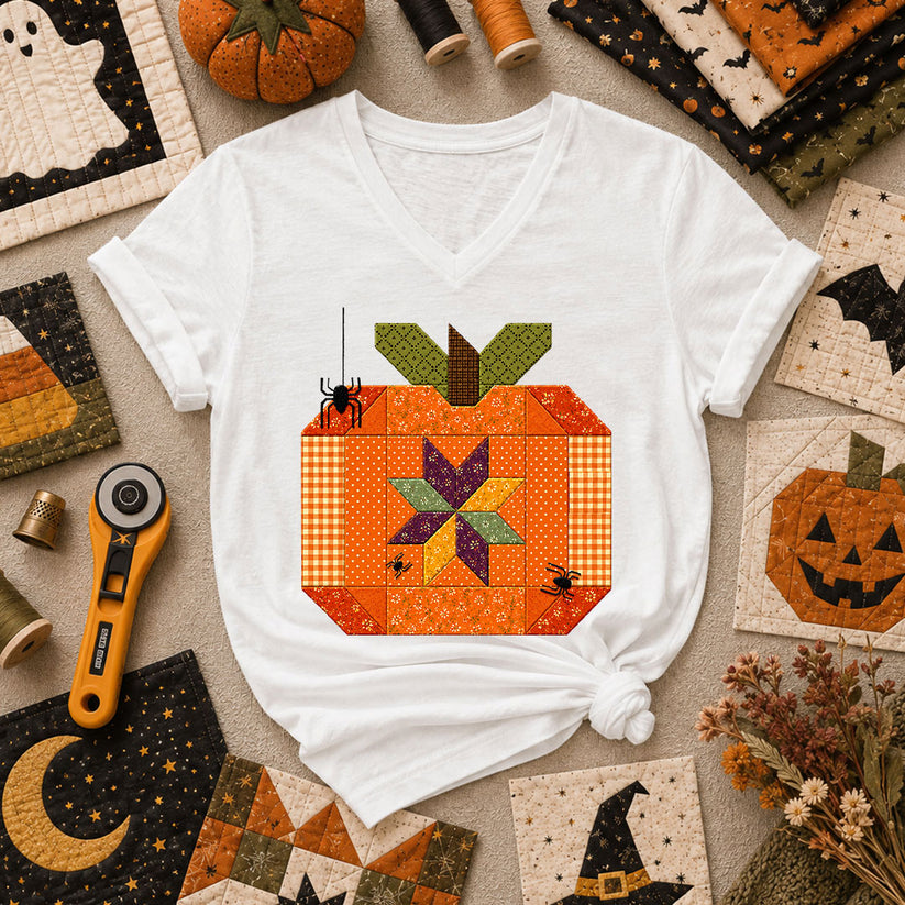 Halloween Patchwork Pumpkin With Spiders Women's V-Neck - White