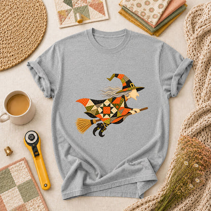 Halloween Patchwork Witch Broomstick T-Shirt - Athletic Heather