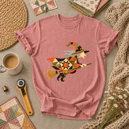 Halloween Patchwork Witch Broomstick T-Shirt - Heather Mauve