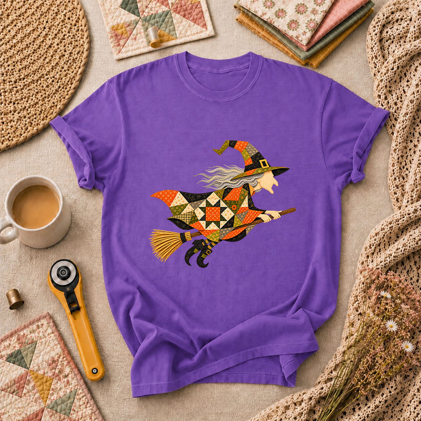 Halloween Patchwork Witch Broomstick T-Shirt - Heather Team Purple
