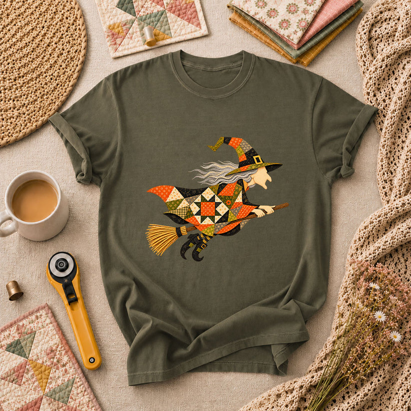 Halloween Patchwork Witch Broomstick T-Shirt - Military Green