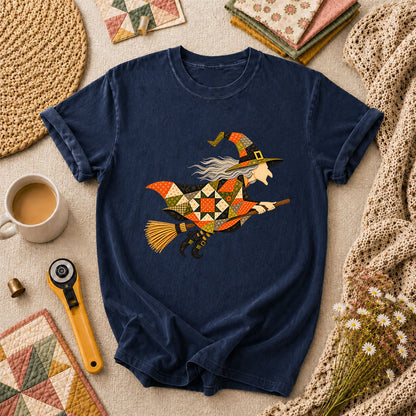 Halloween Patchwork Witch Broomstick T-Shirt - Navy