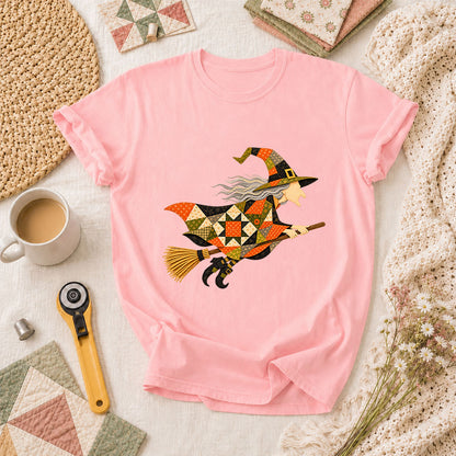 Halloween Patchwork Witch Broomstick T-Shirt - Pink