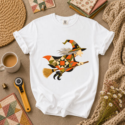 Halloween Patchwork Witch Broomstick T-Shirt - White