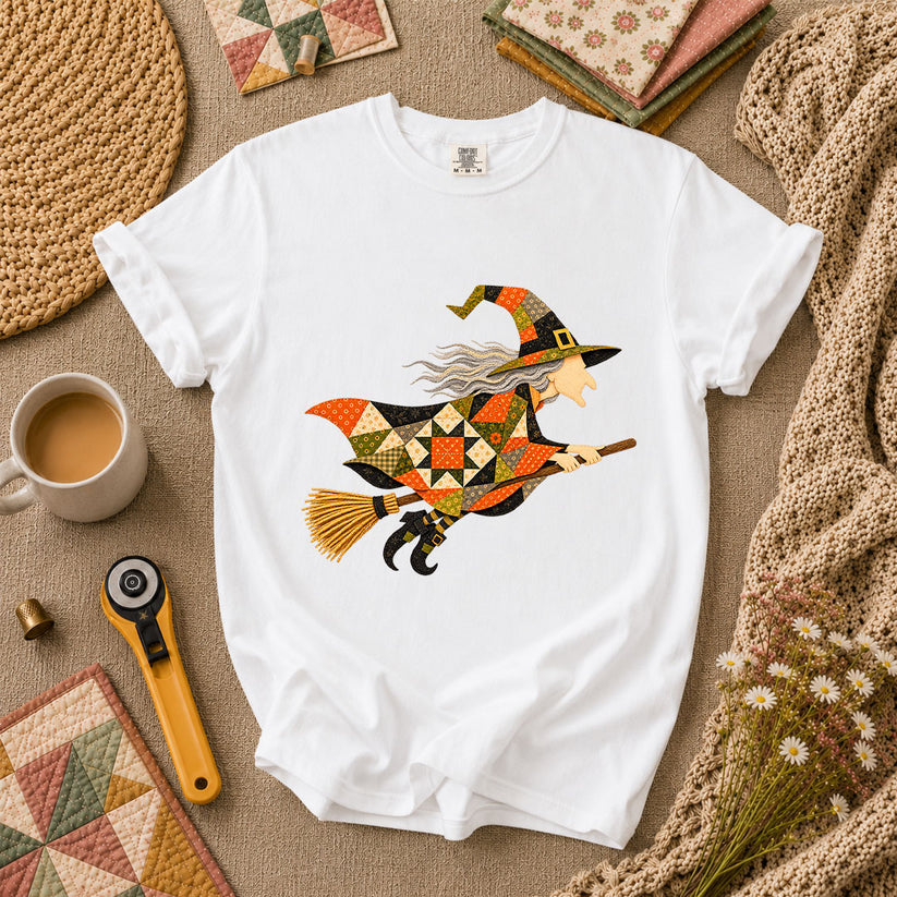 Halloween Patchwork Witch Broomstick T-Shirt - White