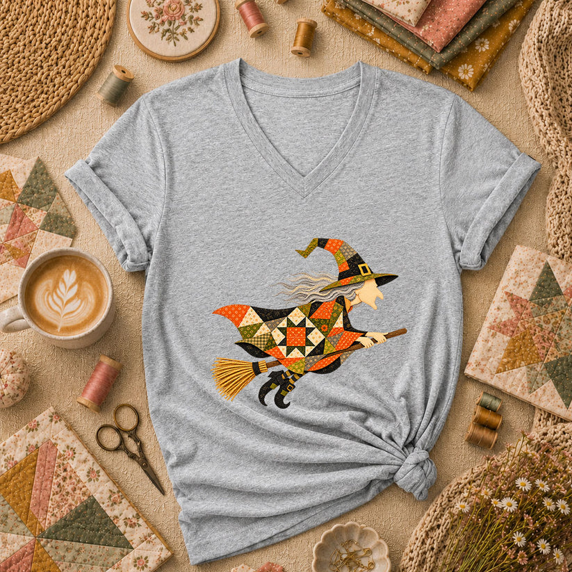 Halloween Patchwork Witch Broomstick Women's V-Neck - Athletic Heather