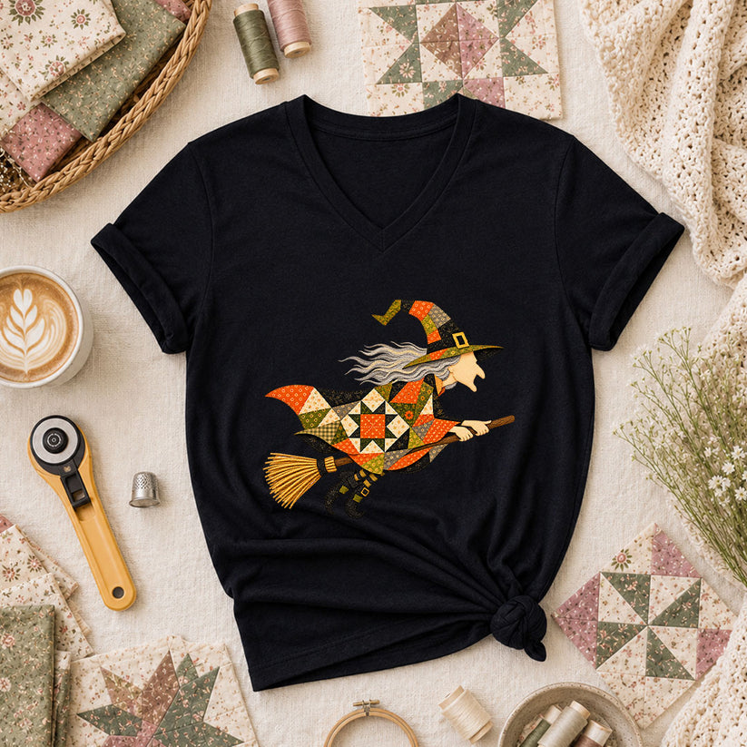 Halloween Patchwork Witch Broomstick Women's V-Neck - Black