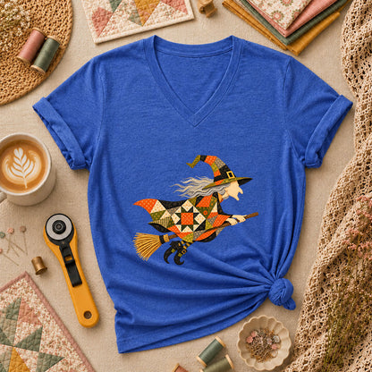 Halloween Patchwork Witch Broomstick Women's V-Neck - Heather True Royal