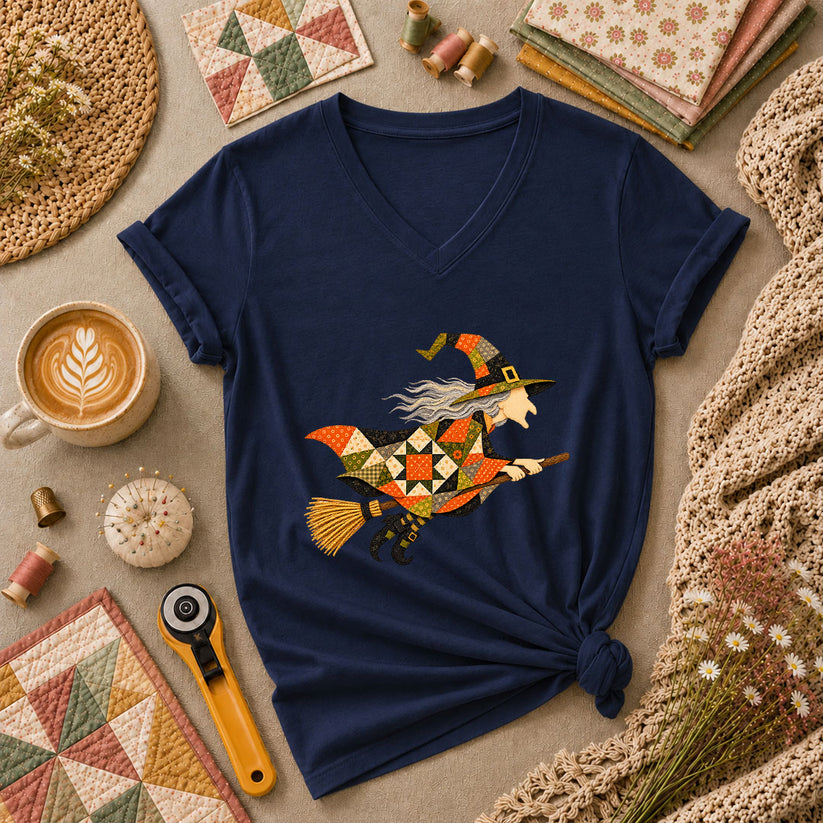 Halloween Patchwork Witch Broomstick Women's V-Neck - Navy
