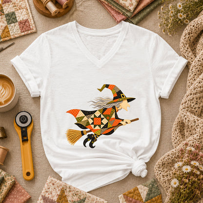 Halloween Patchwork Witch Broomstick Women's V-Neck - White
