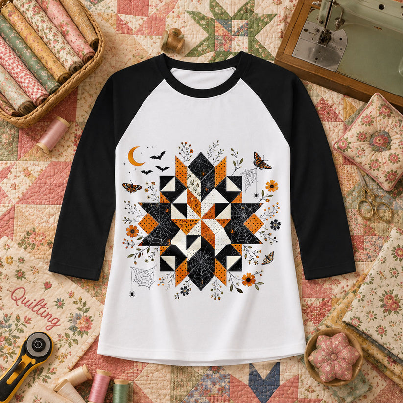 Halloween Quilt Block Mandala Spider Raglan Sleeve - Black