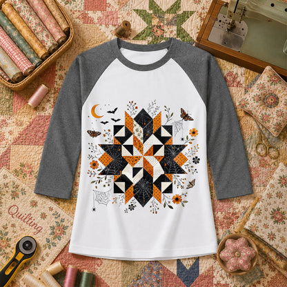 Halloween Quilt Block Mandala Spider Raglan Sleeve - Deep Heather