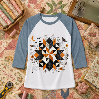 Halloween Quilt Block Mandala Spider Raglan Sleeve - Denim