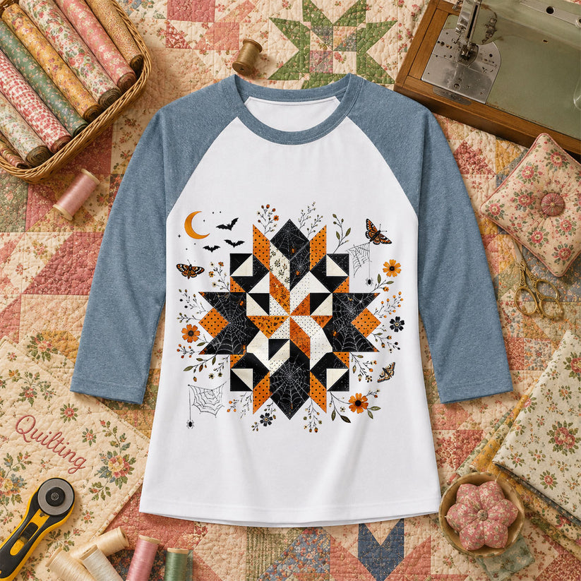 Halloween Quilt Block Mandala Spider Raglan Sleeve - Denim