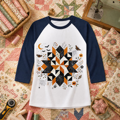 Halloween Quilt Block Mandala Spider Raglan Sleeve - Navy