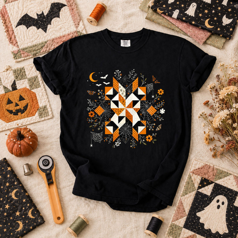 Halloween Quilt Block Mandala Spider T-Shirt - Black